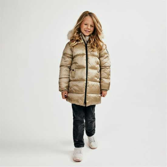 Girls Long Quilted Winter Coat With Faux Fur Trim Gold Girls Long Quilted Winter Coat With Faux Fur Trim Gold