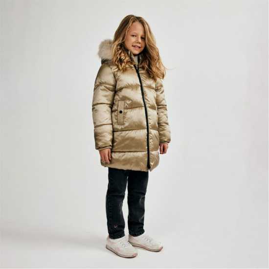 Girls Long Quilted Winter Coat With Faux Fur Trim Gold Girls Long Quilted Winter Coat With Faux Fur Trim Gold