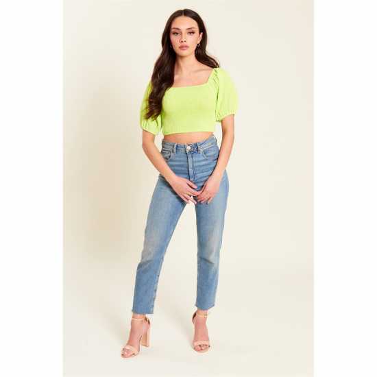 Be You Shirred Crop Top Womens Лайм Дамски ризи и тениски