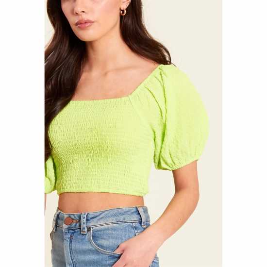 Be You Shirred Crop Top Womens Лайм Дамски ризи и тениски