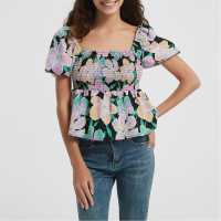 Be You Sleeve Peplum Top Черно цветно 