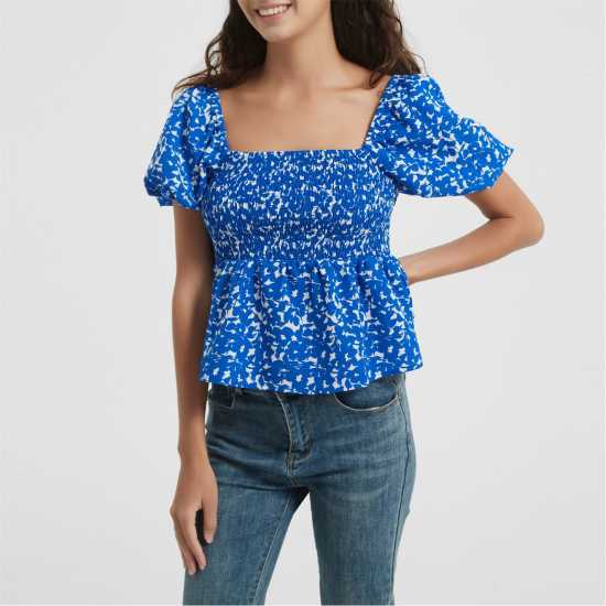 Be You Sleeve Peplum Top Синьо цветно 