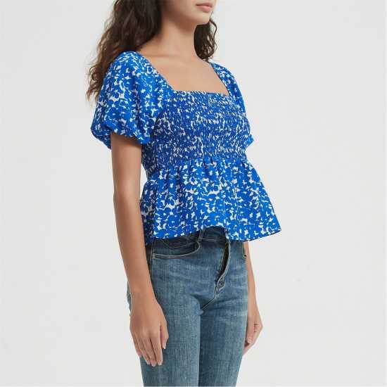 Be You Sleeve Peplum Top Синьо цветно 