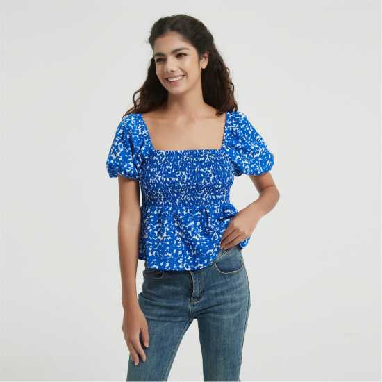 Be You Sleeve Peplum Top Синьо цветно 