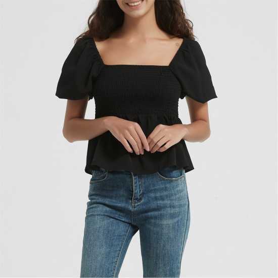 Be You Sleeve Peplum Top Черно 