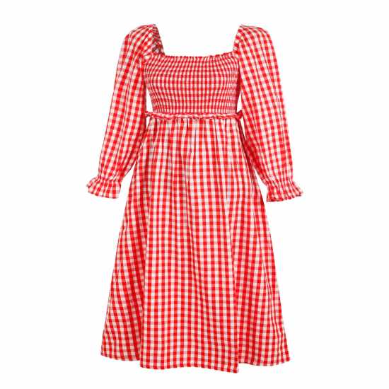 Miso Check Milkmaid Dress Червено/Бяло 