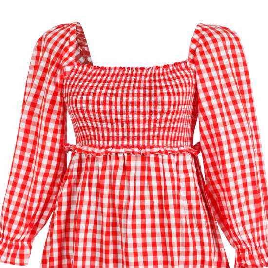 Miso Check Milkmaid Dress Червено/Бяло 