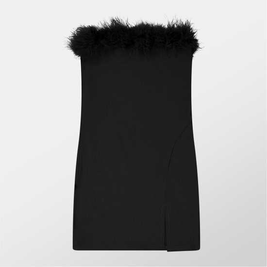Feather Trim Strapless Mini Dress  