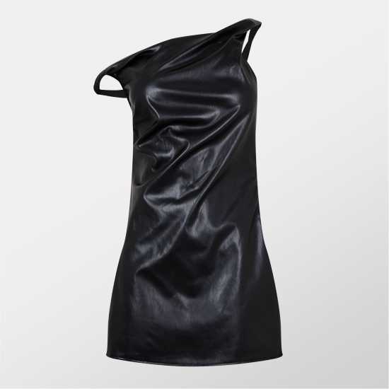 Faux Leather Twisted One Shoulder Mini Dress  