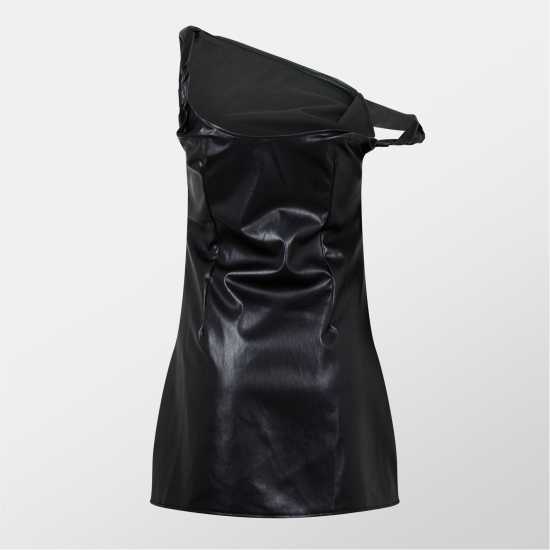 Faux Leather Twisted One Shoulder Mini Dress  