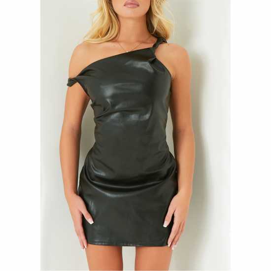 Faux Leather Twisted One Shoulder Mini Dress  