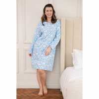 Womens 100% Organic Cotton Long Sleeve Nightdress Lt Blue Floral Womens 100% Organic Cotton Long Sleeve Nightdress Lt Blue Floral