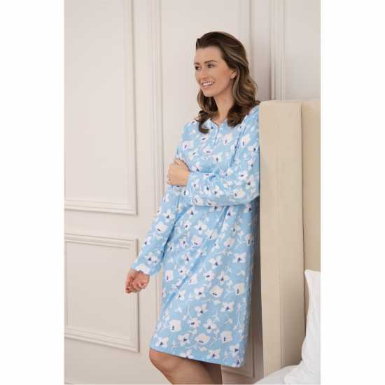 Womens 100% Organic Cotton Long Sleeve Nightdress Lt Blue Floral Womens 100% Organic Cotton Long Sleeve Nightdress Lt Blue Floral