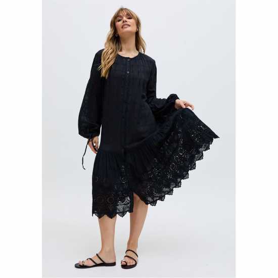 Средна Рокля Olivia Button Down Embroidered Midi Dress In Black  