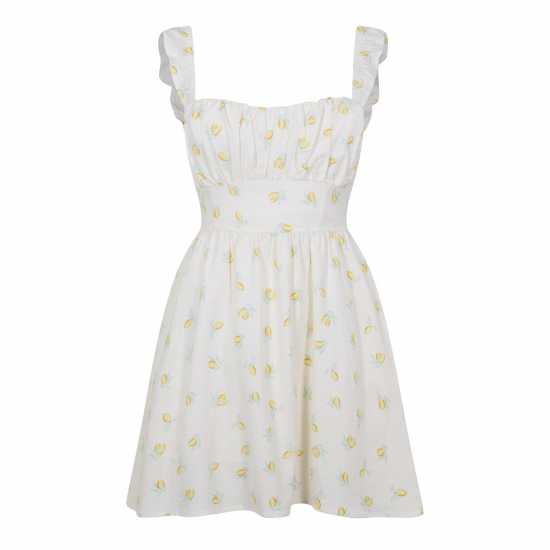 Jack Wills Patterned Tie Back Dress Лимон Печат Дамски поли и рокли