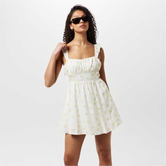 Jack Wills Patterned Tie Back Dress Лимон Печат Дамски поли и рокли