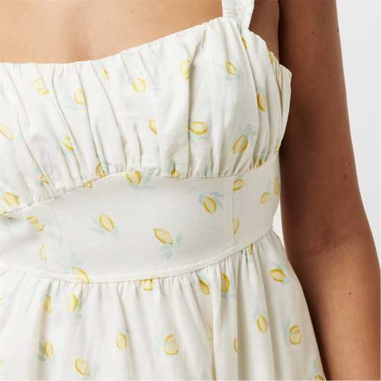 Jack Wills Patterned Tie Back Dress Лимон Печат Дамски поли и рокли