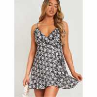 Missy Empire Floral Wrap Mini Frill Dress Черно Дамски поли и рокли