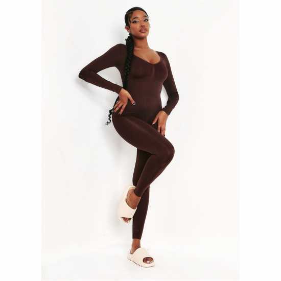 Missy Empire Long Sleeve Plunge Jumpsuit Шоколад Дамски поли и рокли