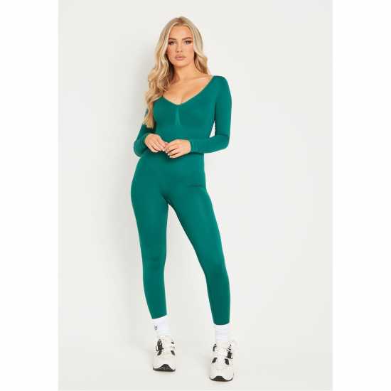 Missy Empire Long Sleeve Plunge Jumpsuit Зелено Дамски поли и рокли