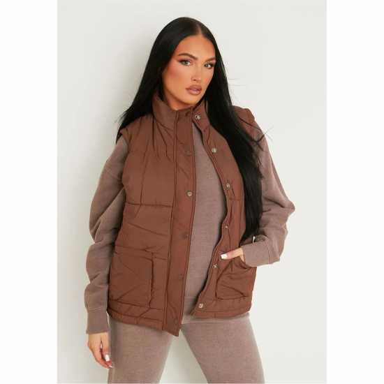 Ватирано Елече Missy Empire Women's Pocket Detail Sleeveless Padded Gilet Шоколад 