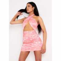 Missy Empire Halterneck Cross Over Mini Dress Розово Дамски поли и рокли