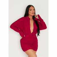 Missy Empire Sleeve Plunge Front Ruched Skirt Mini Dress Бордово 
