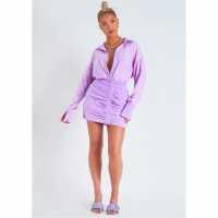 Missy Empire Sleeve Plunge Front Ruched Skirt Mini Dress Сиренево 