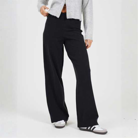 Brave Soul Bs Womens Charcoal Ribbed Wide Leg Trousers  