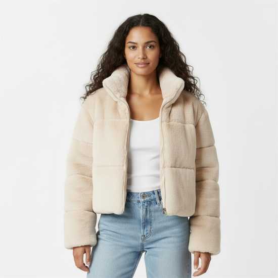 Jack Wills Women's Jw Fur Long Sleeve Short Puffer Jacket Крем 