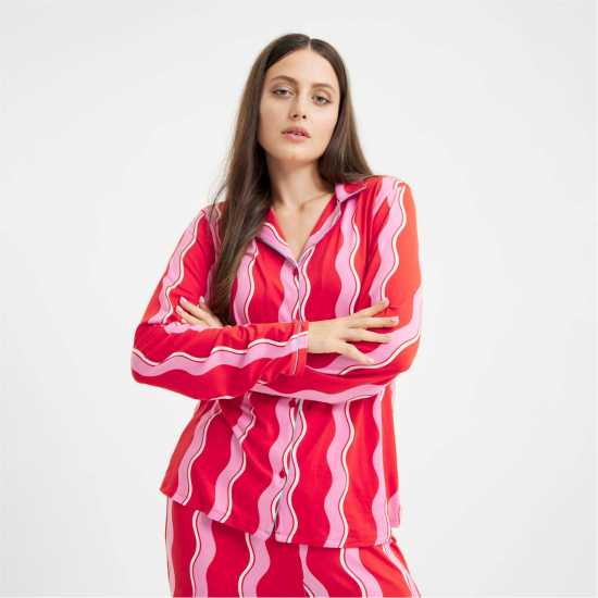 Urban Threads Women's Long-Sleeve Pyjama Set Pink Squiggles 