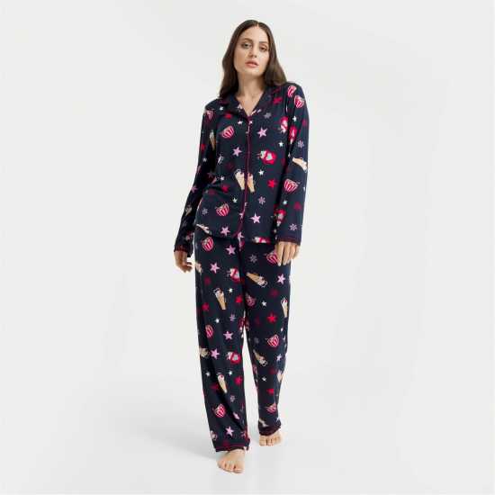 Urban Threads Women's Long-Sleeve Pyjama Set Navy Hot Choc 