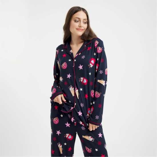 Urban Threads Women's Long-Sleeve Pyjama Set Navy Hot Choc 