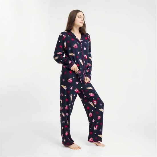 Urban Threads Women's Long-Sleeve Pyjama Set Navy Hot Choc 