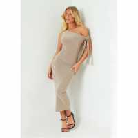 Средна Рокля Missy Empire Tie Shoulder Midi Dress Бежово Дамски поли и рокли