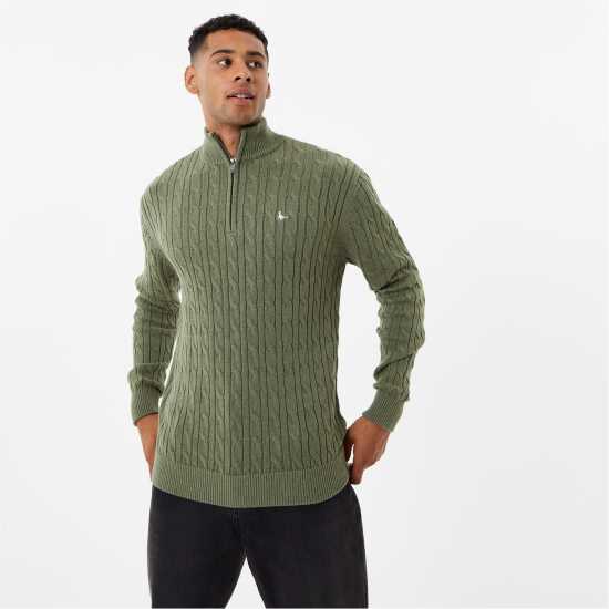Пуловер С Цип Jack Wills Cable Zip Jumper Mid Green Marl Мъжки пуловери и жилетки