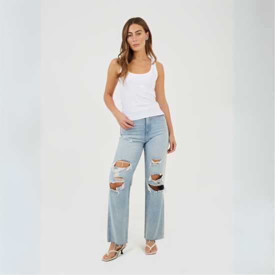 Brave Soul Womens High Waisted Wide Leg Distresed Jean  