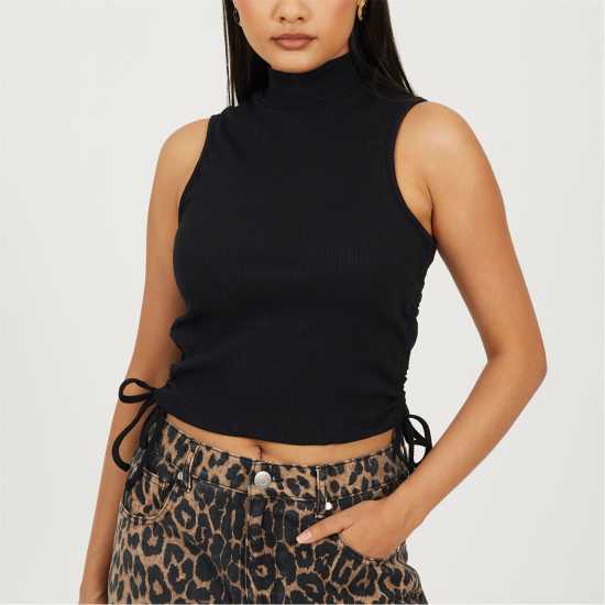 Brave Soul Womens Sleeveless High Neck Top With Drawstring Side Detail. Черно 