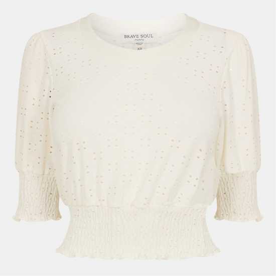 Brave Soul Broderie Top With Shirred Sleeves Бяло 