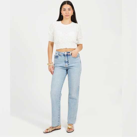 Brave Soul Broderie Top With Shirred Sleeves Бяло 