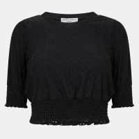 Brave Soul Broderie Top With Shirred Sleeves Черно 