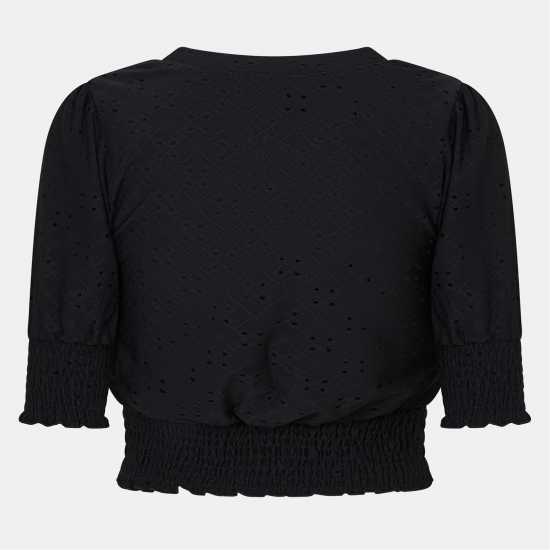 Brave Soul Broderie Top With Shirred Sleeves Черно 