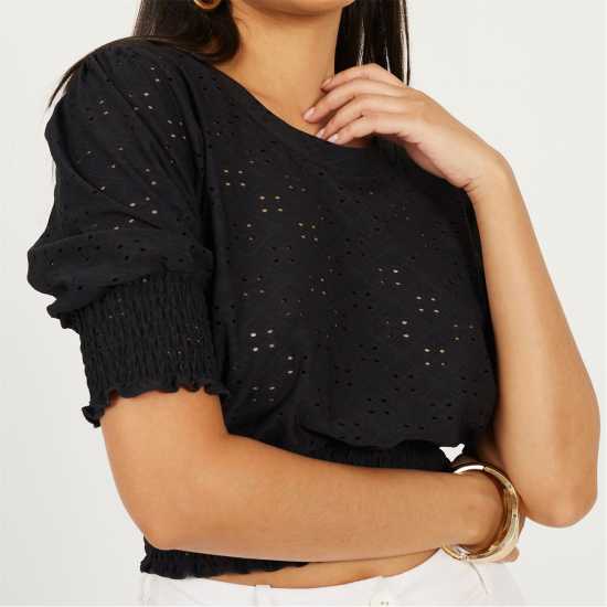 Brave Soul Broderie Top With Shirred Sleeves Черно 