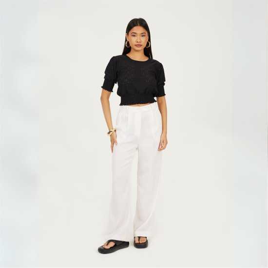 Brave Soul Broderie Top With Shirred Sleeves Черно 