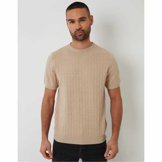 Threadbare Men's Knitted T-Shirt Бежово Threadbare Men's Knitted T-Shirt Бежово