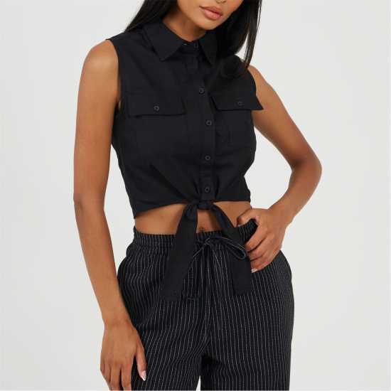 Brave Soul Womens Sleeveless Collared Top With Tie Detail  