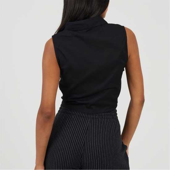 Brave Soul Womens Sleeveless Collared Top With Tie Detail  