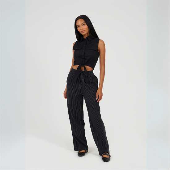 Brave Soul Womens Sleeveless Collared Top With Tie Detail  