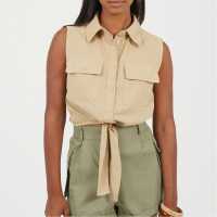Brave Soul Womens Sleeveless Collared Top With Tie Detail Sand 