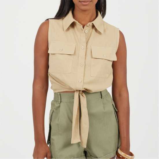 Brave Soul Womens Sleeveless Collared Top With Tie Detail Sand 